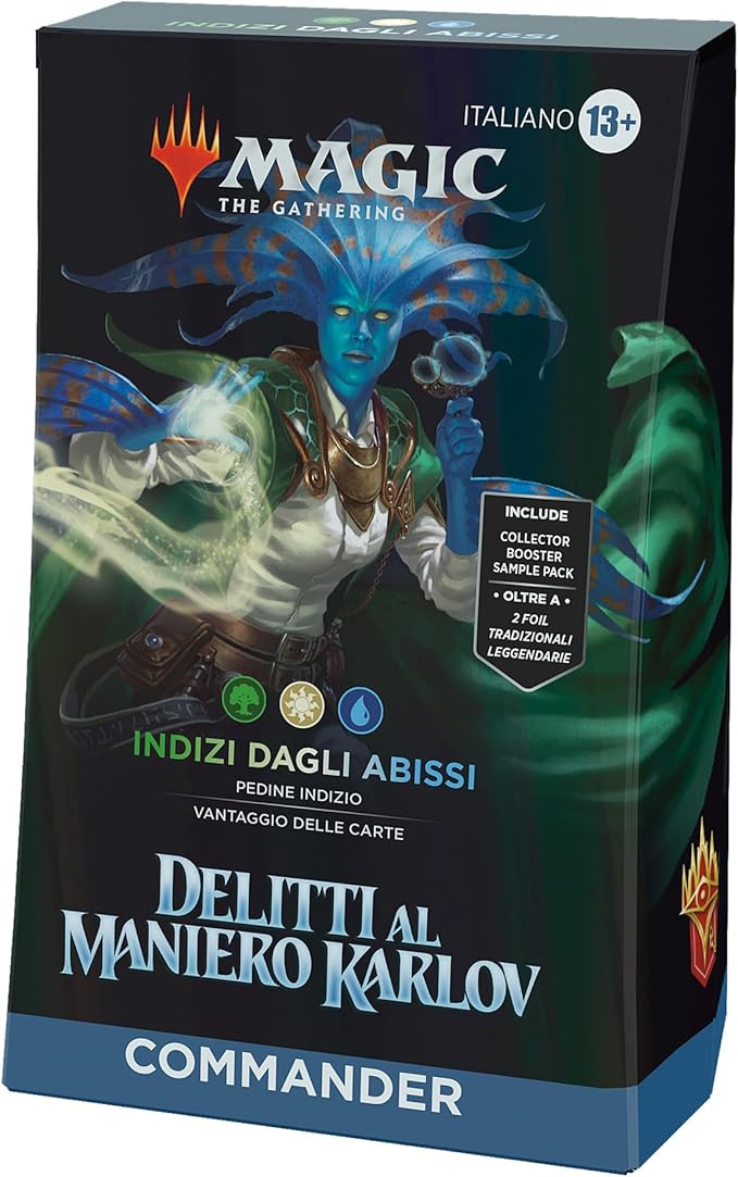 Mazzo Commander di Magic: The Gathering Delitti al Maniero Karlov - Un Mare di Indizi (mazzo da 100 carte, Collector Booster Sample Pack da 2 carte + accessori) (versione italiana)